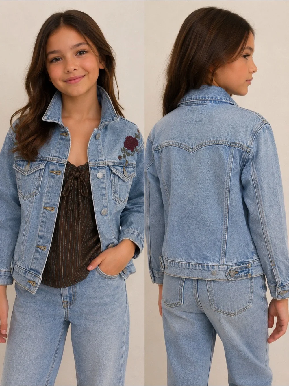Levi's Light Blue‎ Denim Jacket with Burgundy Rose Embroidery